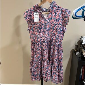 THML Pink and Blue Ruffled Mock Neck Sundress